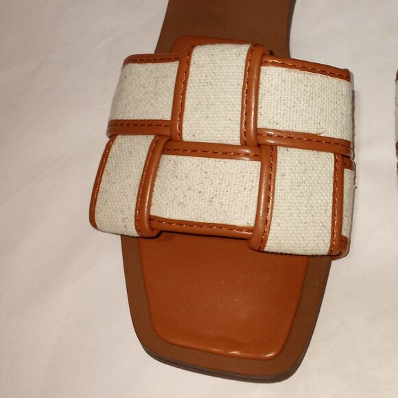 RESERVED SQUARE TOE SLIDERS WITH FABRIC STRAPS BEIGE BROWN WOMENS SIZE 41 - Picture 7 of 7